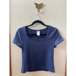 No Boundaries Ribbed Top Womens L 12-14 Blue Square Neck Bow Accent